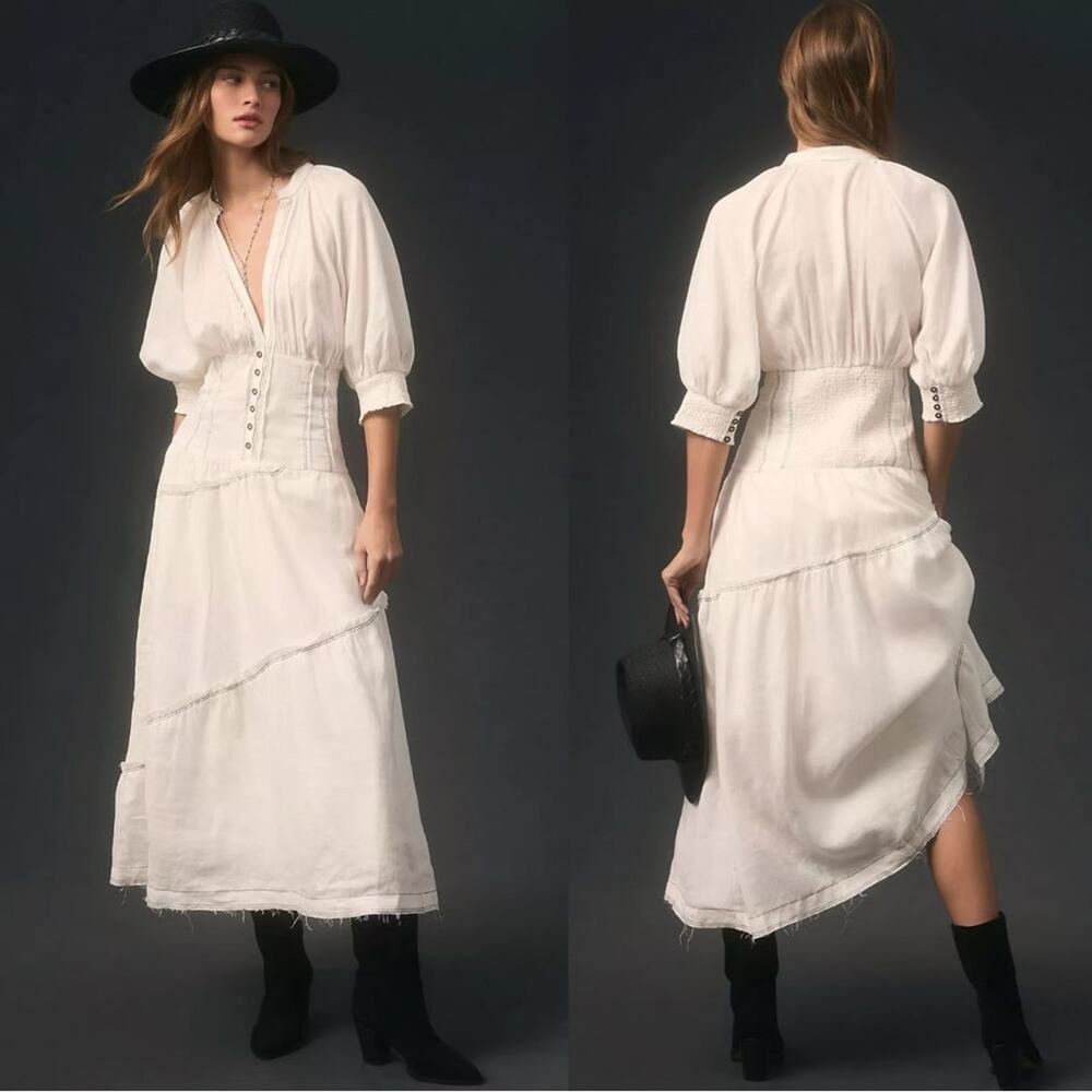 Anthropologie V-Neck white Corset Midi linen Shirt Dress Sz Medium - Picture 2 of 4